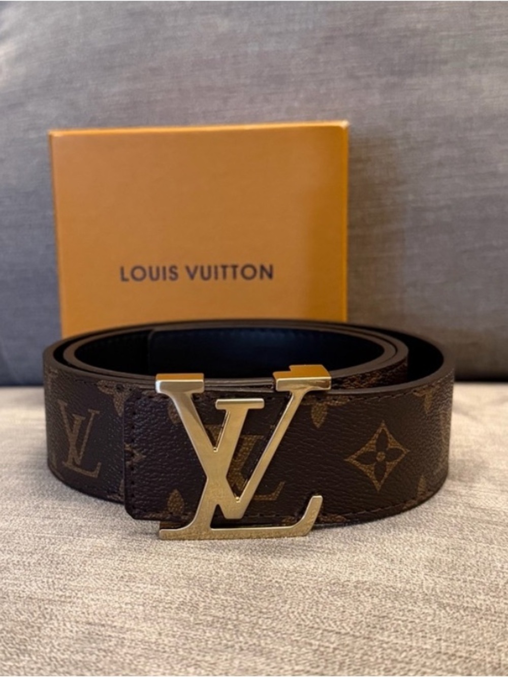 Louis Vuitton Monogram Canvas Men's Belt with Gold LV Buckle - Brown/Gold